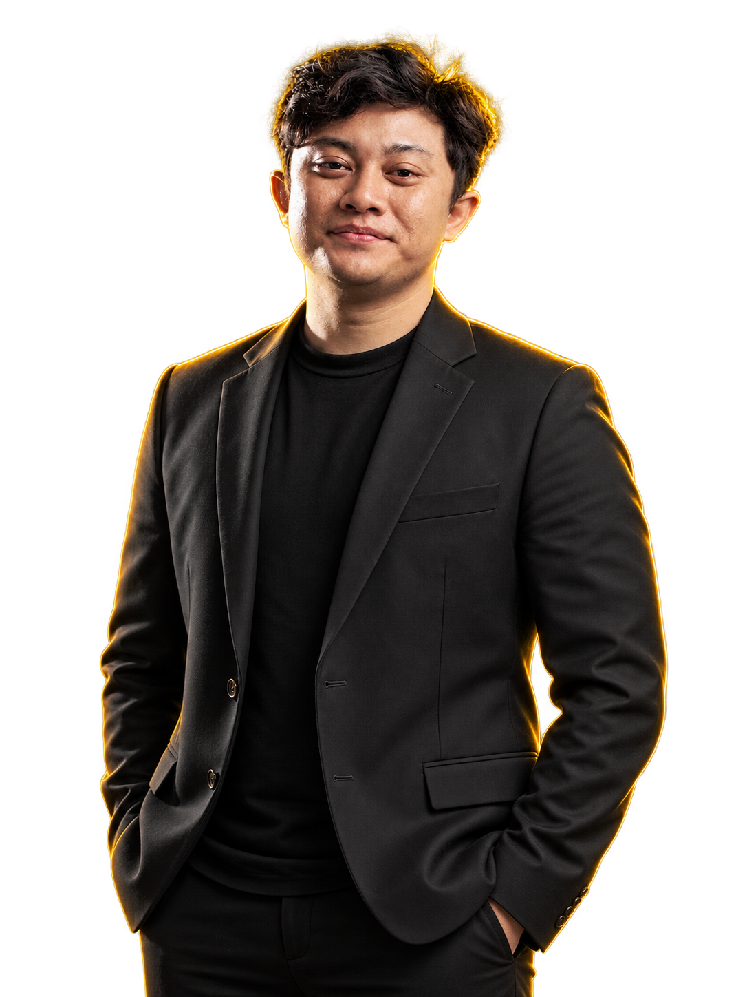 WahidPro in a black jacket with golden rim lighting